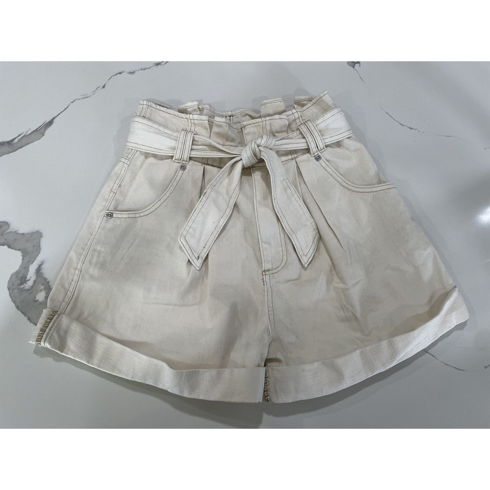 Free People We The Free Nova Denim Paperbag Shorts Plume Cream Sz XS AK113